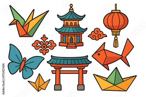 Asian culture icon set with origami and traditional architecture. Japanese Chinese travel symbols. Pagoda, torii gate, lantern, crane paper craft vector illustration.
