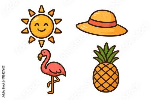 Cute summer icon set. Cartoon vector collection with sun, straw hat, pink flamingo, and pineapple. Isolated design elements for beach vacation, tropical party, and holiday.