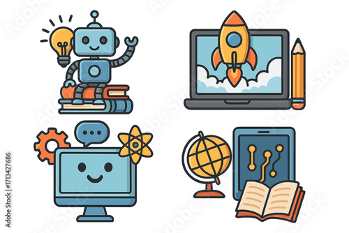 Set of STEM education technology icons. E-learning and innovation concepts. Robot with idea, rocket launch, online course, science, global knowledge. Vector cartoon collection.