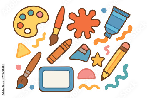 Set of cute cartoon art supplies for education and creativity. Vector collection with pencil, paint, brush, crayon icons. Back to school drawing and painting elements.