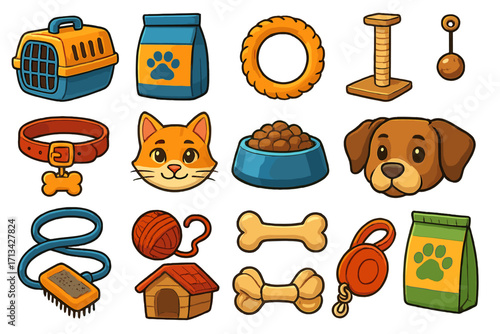 Pet shop icon set with dog and cat accessories. Vector collection of pet care supplies like food, toys, collar, leash, carrier, kennel, and grooming tools. Cartoon style.