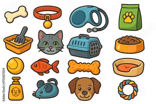 Pet shop icon set. Cat and dog care accessories. Vet grooming collection. Food, toys, leash, collar, carrier. Cartoon vector illustration for animal store and veterinary.