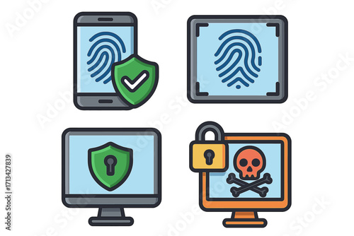 Digital security icon set. Cybersecurity concept with fingerprint access, data protection shield, virus threat, and malware alert. Vector cartoon illustration for technology.