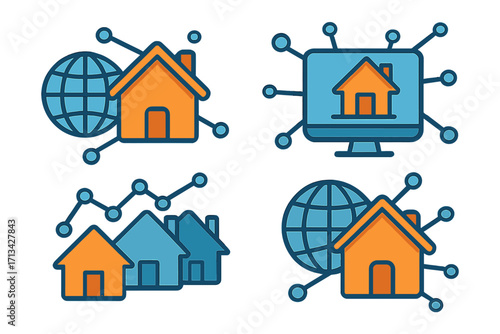 Digital real estate icon set. Online property technology concept. Global housing network, smart home connection, and market investment growth graph vector illustrations.