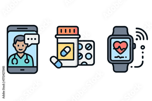 Digital health icon set for telemedicine, online doctor consultation, medication management, and remote patient monitoring. Healthcare technology vector cartoon illustration.