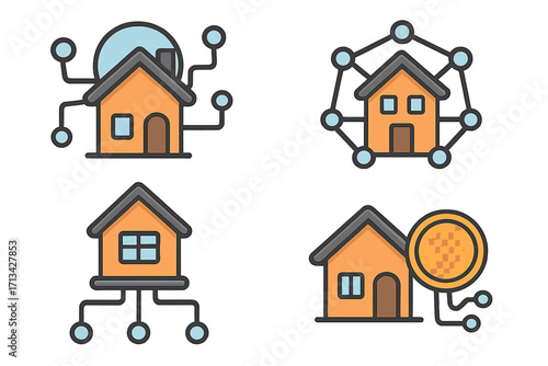 Digital real estate vector icon set. Proptech, smart home technology, and property network concepts. House with blockchain coin for asset tokenization and investment.