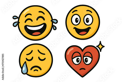 Vector set of funny cartoon emoji faces with different emotions. Cute emoticon character collection with happy smile, crying tears of joy, sad face, and tired lovelorn heart.