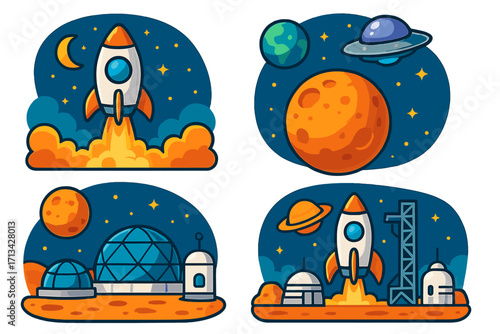 Space exploration cartoon icon set. Rocket launch, planet colony, UFO, and futuristic settlement illustrations. Vector graphics for science, astronomy, and cosmic travel themes.