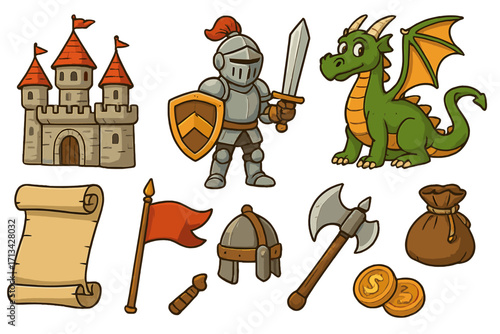 Cartoon medieval fantasy icon set. Knight, dragon, castle, scroll, axe, helmet, shield, and treasure coin icons. Vector clip art elements for games or fairy tale storytelling.