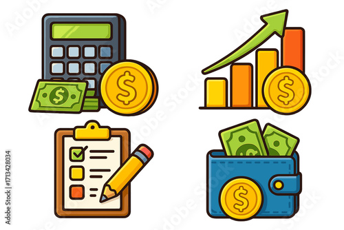 Financial management vector icon set. Budgeting, saving, and investment concepts. Colorful cartoon illustrations of calculator, money, growth chart, planning checklist, wallet.