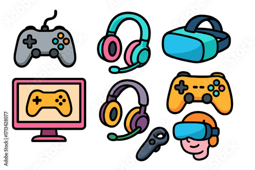 Gaming icons set with game controllers, headsets, and virtual reality equipment. Vector cartoon doodle illustration for esports and video games. Gamepad and VR asset collection.