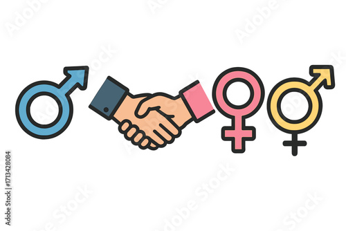 Gender equality, diversity, and inclusion concept. Male, female, and non-binary gender symbols with handshake. Partnership, cooperation, and agreement vector illustration.