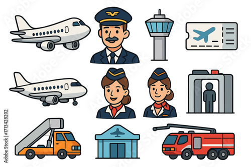 Air travel and aviation icon set. Vector cartoon illustration of pilot, airplane, stewardess, control tower, airport terminal, security check, and ground support equipment.