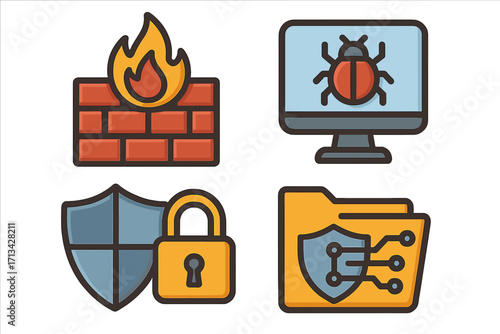 Cybersecurity icon collection. Firewall, computer virus, malware bug, data protection. Network security and internet safety concept. Shield, lock, and secure folder icons.