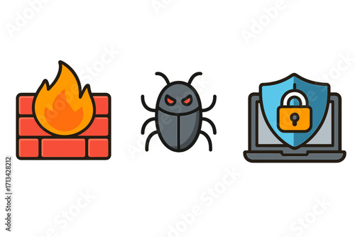 Cybersecurity icon set with firewall, malware bug, and laptop data protection. Vector illustration for internet security, network safety, virus scan, and computer defense.