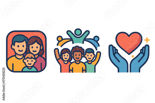 Family, community and care icon set. Vector icons for social support, love, teamwork, diversity, charity, and health. Modern flat cartoon style graphic illustration.