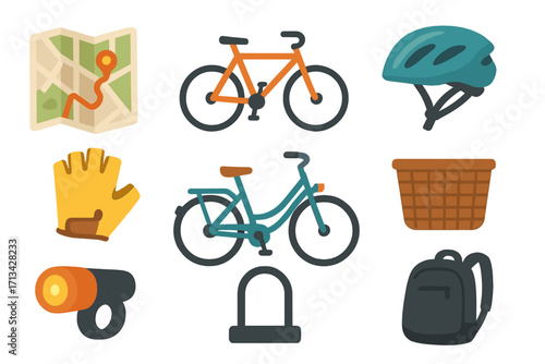 Cycling icon set vector. Bike to work gear. Urban bicycle commuting accessories. City bike, map, helmet, gloves, light, lock, basket, backpack. Flat cartoon illustration.
