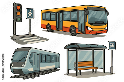 Public transport vector illustration set. Urban transportation collection with city bus, train, tram, subway, bus stop, crosswalk, and traffic light. Commuting concept.