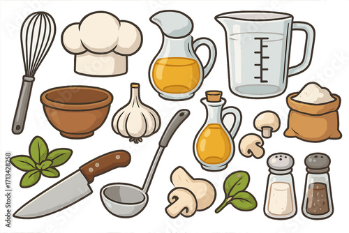 Cartoon kitchen tools and cooking ingredients vector set. Chef hat, knife, whisk, ladle, oil, flour, salt and pepper for food preparation or recipe illustration.