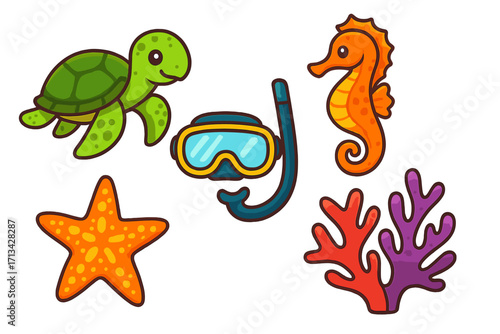 Marine life icon set. Sea turtle seahorse starfish coral. Snorkeling gear. Concept summer vacation, ocean, diving, underwater. Cute animal cartoon vector illustration.