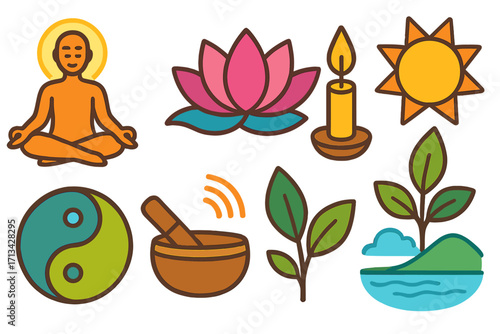 Meditation and wellness icon set for spiritual balance and harmony. Vector collection of zen symbols like lotus, yoga pose, yin yang, sun, candle and singing bowl.