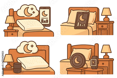 Smart devices for sleep tracking cartoon icon set. Cozy bedroom with smart pillow, phone app, watch for better sleep. Health monitoring technology and relaxation concept.