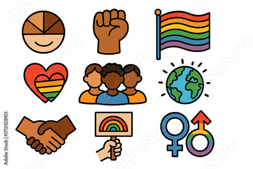 Diverse community and social justice icon set. Vector symbols of equality, pride, lgbtq, racial unity, and human rights. Multicultural, anti-racism protest illustration.