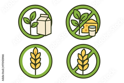 Gluten and dairy free icon set. Plant-based food packaging symbols. Vegan, lactose intolerance and healthy diet vector signs. Wheat and milk allergy labels collection.