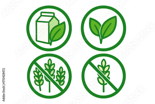 Plant-based, vegan, dairy-free, and gluten-free food packaging label icon set. Symbols for healthy, organic, and vegetarian food. Lactose and gluten intolerance signs.