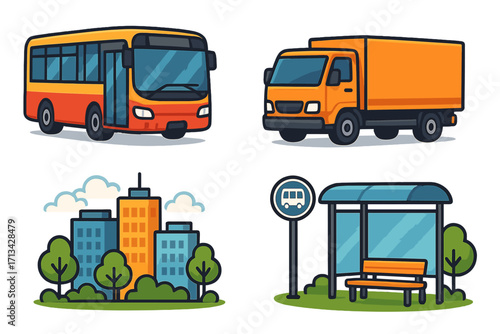 Transport icon set. Public transportation, bus, delivery truck, city buildings, bus stop. Urban life objects. Flat cartoon vector illustration collection for web, graphic design.