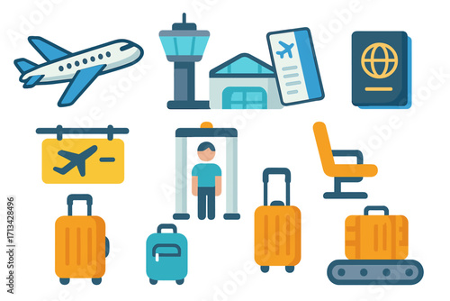 Airport icon set for air travel and tourism. Flat vector illustration of airplane, flight ticket, passport, luggage, security check, terminal and control tower icons.