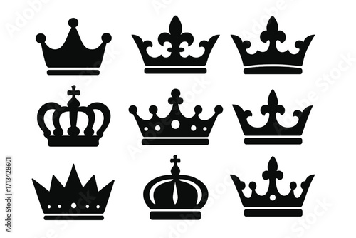 Collection of black silhouette crown icons. Vector set of royal headwear symbols for king, queen, prince, princess. Heraldic monarchy emblems. Power, luxury, and jewelry signs.