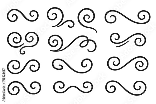 Elegant calligraphic swirls and curls collection. Vintage decorative flourishes, scrolls, and ornaments. Hand-drawn filigree vignette elements for wedding invitations, page dividers, and borders.