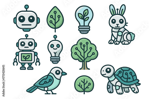 Robotic animals and green technology icons set. Bionics, AI, and nature connection concept. Eco-friendly innovation, sustainability, and cyborg wildlife vector illustration.