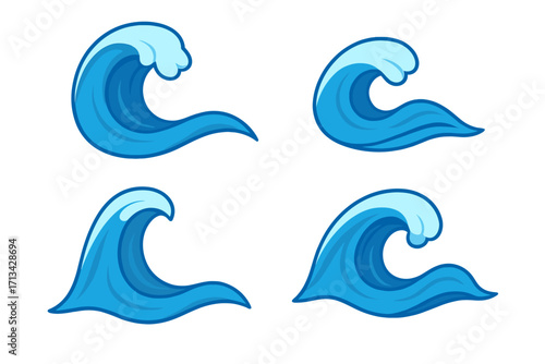 Set of four stylized blue ocean wave icons. Vector graphic elements for logo design, symbolizing sea, surf, and nature. Abstract water splash, curl, and flow for beach themes.