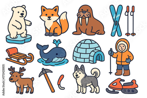 Cute cartoon arctic icon set. Winter wildlife and adventure elements. Polar bear, fox, walrus, husky, reindeer, whale, igloo, ski, sled, snowmobile vector collection.