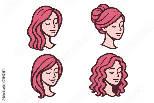 Set of woman portraits with different hairstyles for beauty salon logo. Vector cartoon illustration of female heads. Hair care, spa, and cosmetics brand identity concepts.