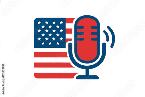 American podcast vector logo. Microphone with USA flag icon. Concept for political news, talk radio show, journalism, debate. US media broadcast symbol. Freedom of speech.