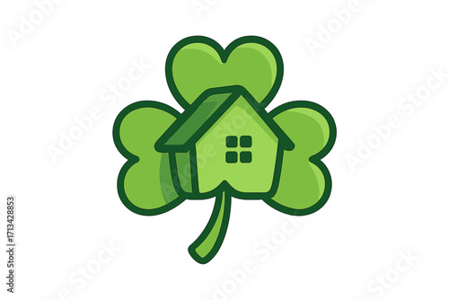 Shamrock house logo for real estate. Clover home icon for property business. Lucky charm for construction company. St Patrick's Day graphic. Green eco friendly living.