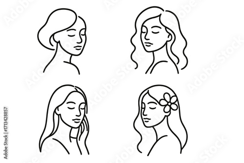 Woman face line art logo collection. Beauty salon, spa, cosmetics icon set. Elegant female portrait with flower. Minimalist hairstyle vector. Natural wellness, feminine care.