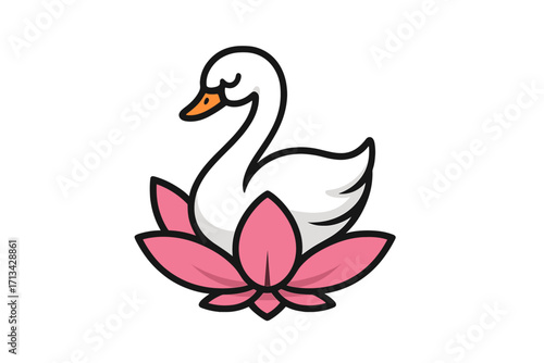 Swan logo on a lotus flower. Vector cartoon illustration for beauty, spa, or wellness brand. Elegant bird icon design. Graceful animal symbol of purity and nature.