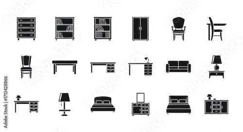 Collection of antique furniture line drawings isolated on transparent background