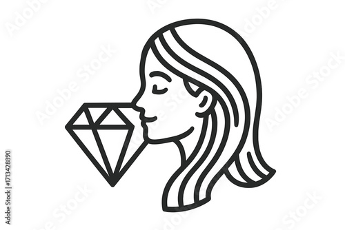 Linear style logo of a woman's face and a diamond. Vector illustration for beauty, cosmetics, and jewelry. Concept of luxury, self-care, and elegance. Precious gem icon.