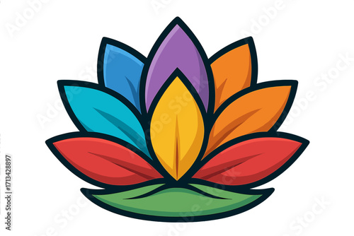 Colorful lotus flower logo design. Yoga and spa vector icon. Symbol of harmony, meditation, beauty, and wellness. Spiritual balance concept. Abstract floral illustration.
