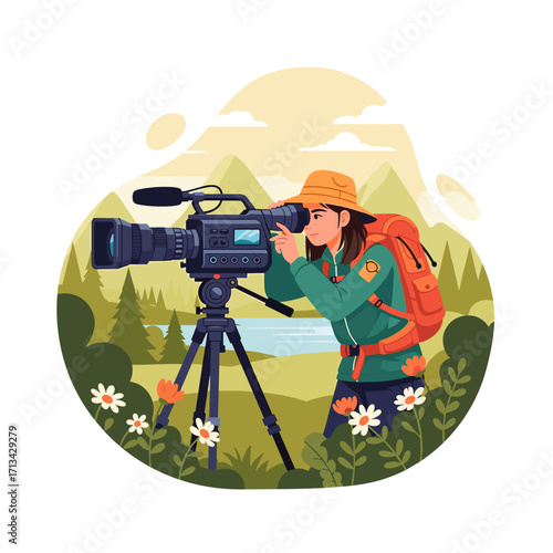 Female videographer filming in natural landscape