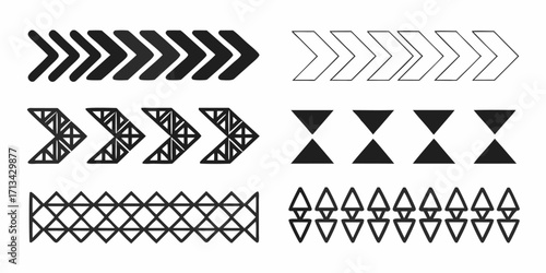 Various arrow and triangle patterns arranged horizontally in rows on a white background design element | editable eps vectors silhouette