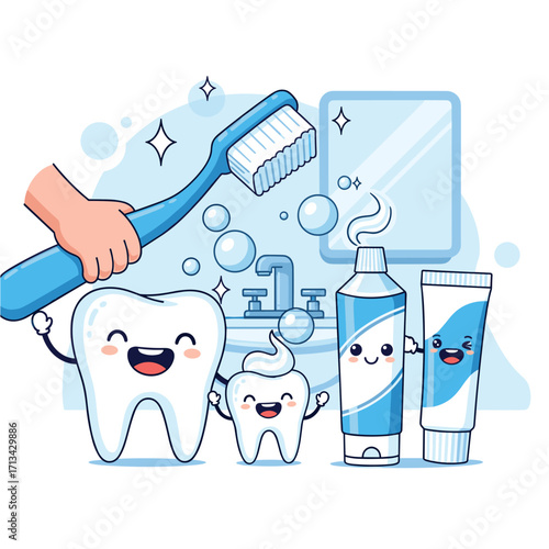 Happy cartoon teeth and dental care supplies