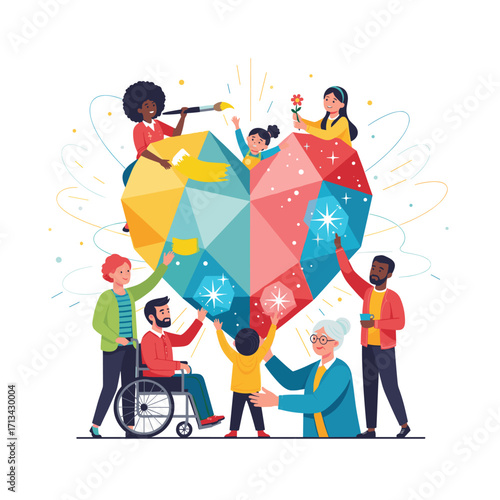 Diverse people building a colorful heart