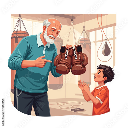 Elderly man presenting boxing gloves to child in gym
