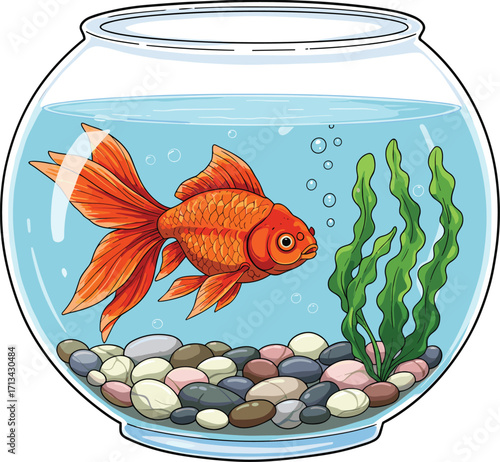 Bright orange goldfish swimming in clear glass fishbowl with green plants, colorful pebbles, bubbles, peaceful aquatic pet home decor